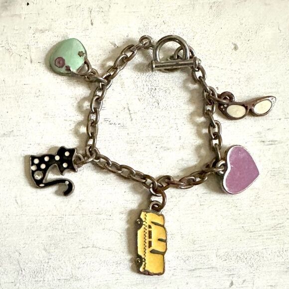 Silver tone enamel charm bracelet - Picture 2 of 12